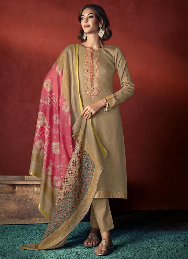 Pure Viscose Satin Beige Traditional Wear Embroidery Work Straight Suit